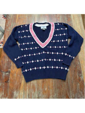 Vtg 80s Accordeon V-Neck Sweater Navy Pink Fair Isle Cable Trim Ramie Cotton M
